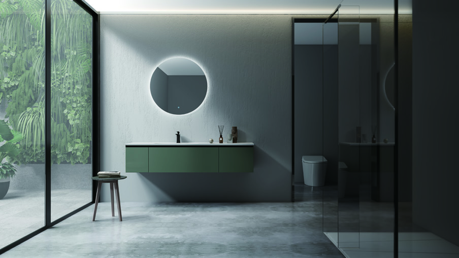 Modern bathroom with glass shower enclosure and freestanding tub.